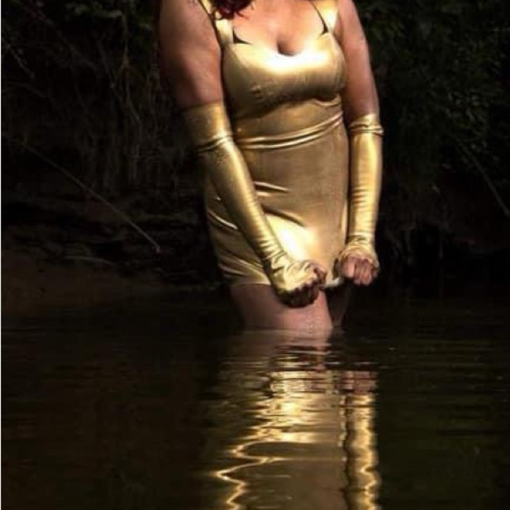 Elegant Latex Gold Mini Dress with Gloves